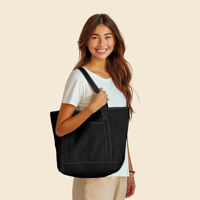 DALIX 20" Solid Color Cotton Canvas Shopping Tote Bag in Black-White - Image 3